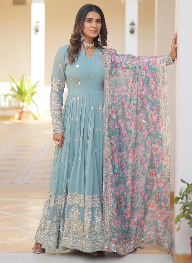 Faux Georgette  Blue Festival Wear Emboirdery Zari Sequence Work Readymade Gown With Dupatta